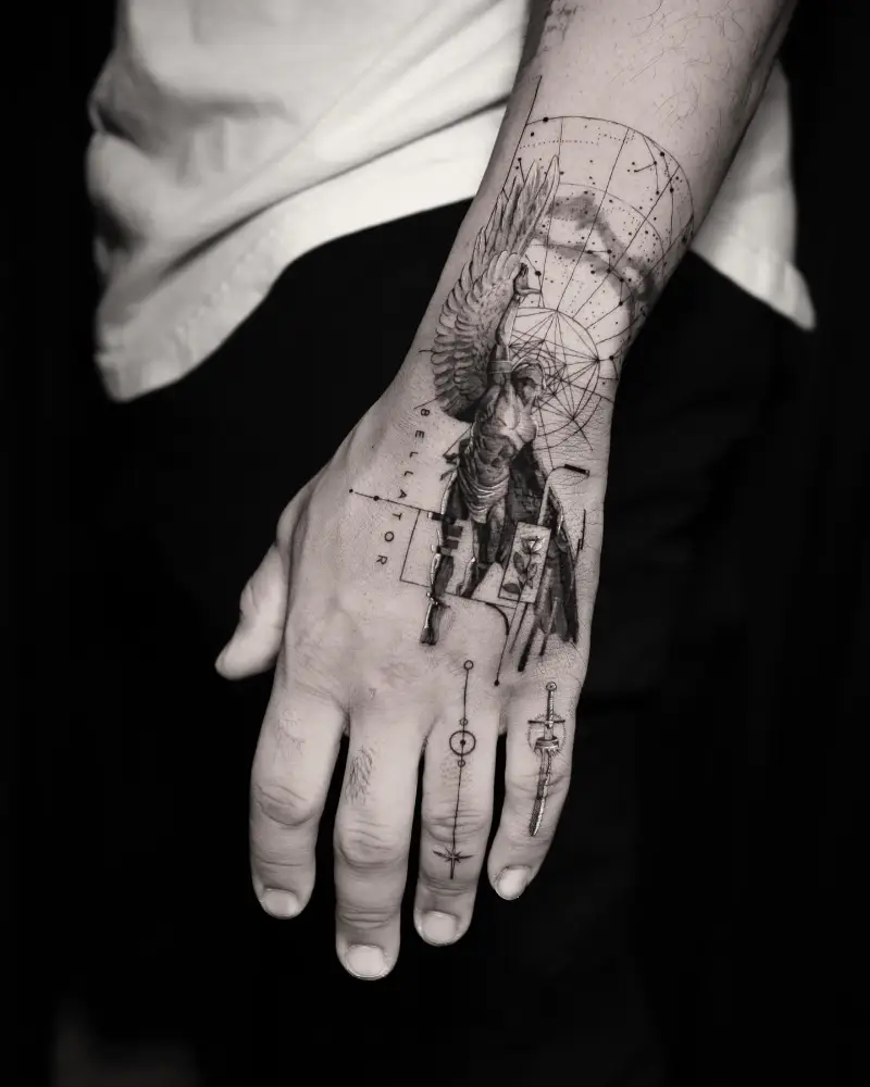 Sacred Geometry Icarus Hand Tattoo
