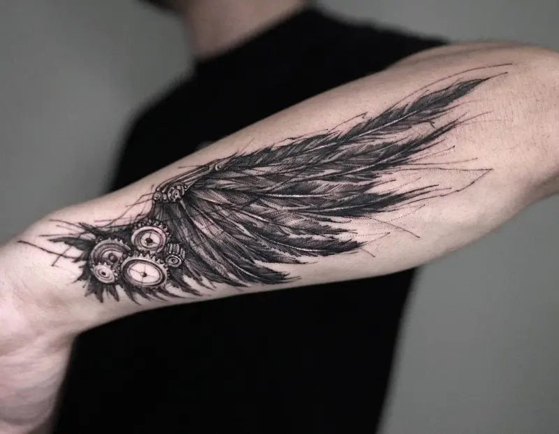 Sketch Style Mechanical Wing Tattoo