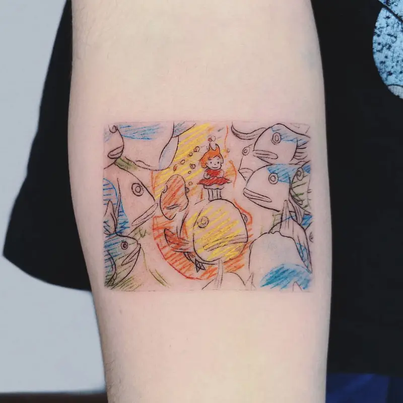 Sketch Style Ponyo Fish Scene Tattoo