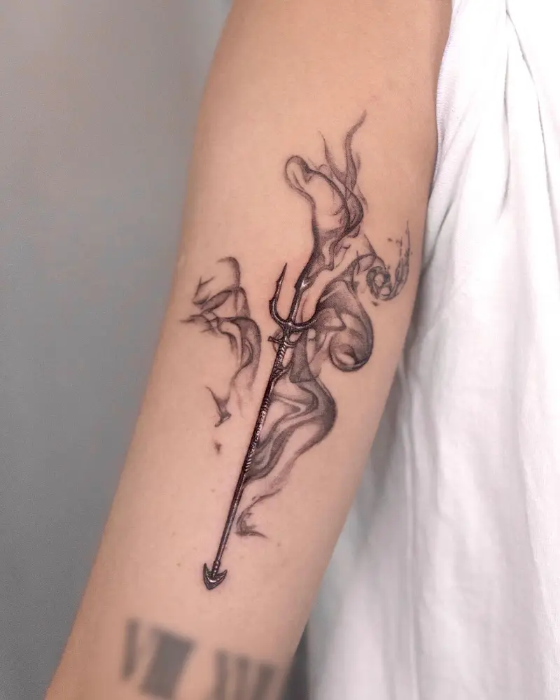 Smoky Poseidon Trident Tattoo