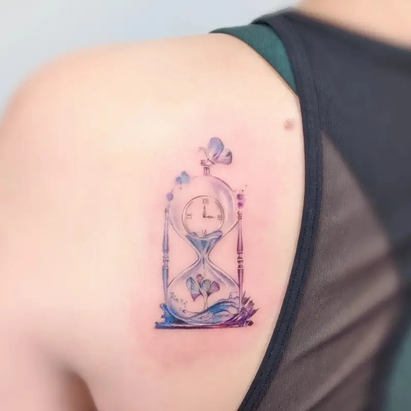Soft Watercolor Butterfly Hourglass Tattoo