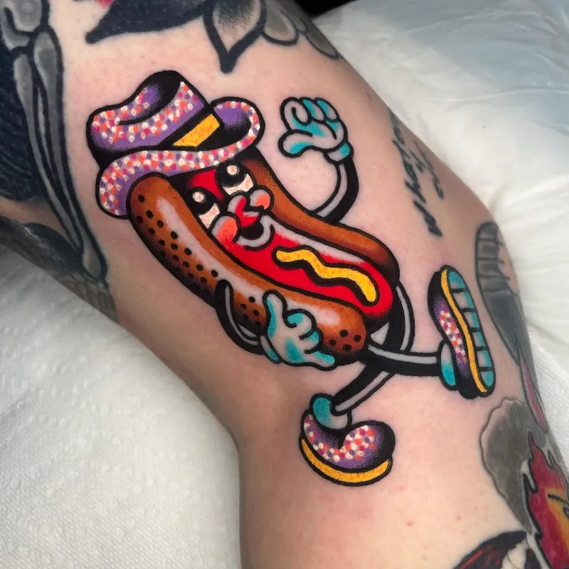 Sparkly Cartoon Gentleman Hot Dog Tattoo