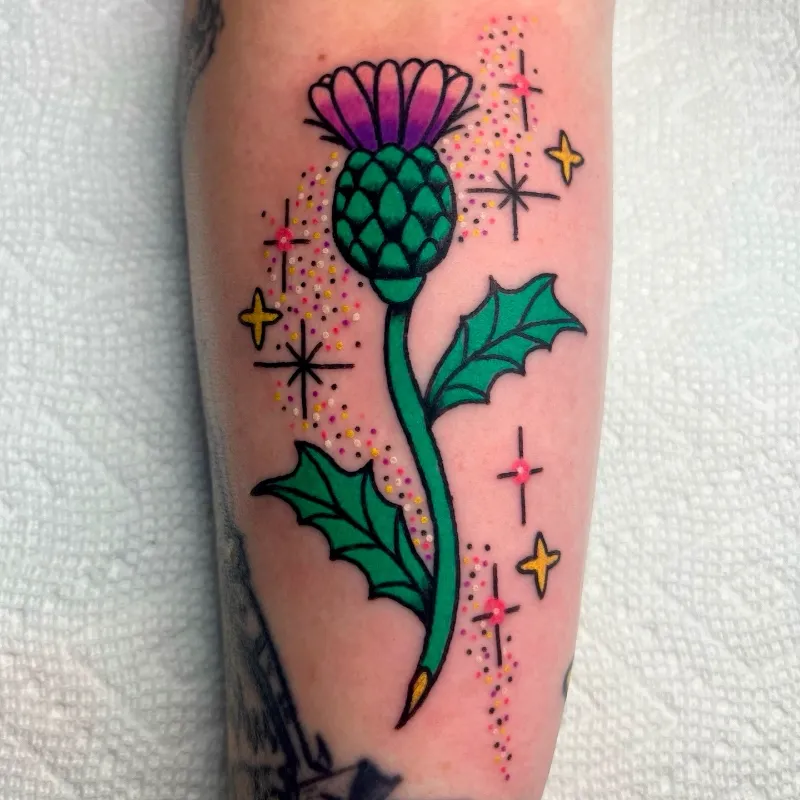 Sparkly Neo Traditional Thistle Tattoo