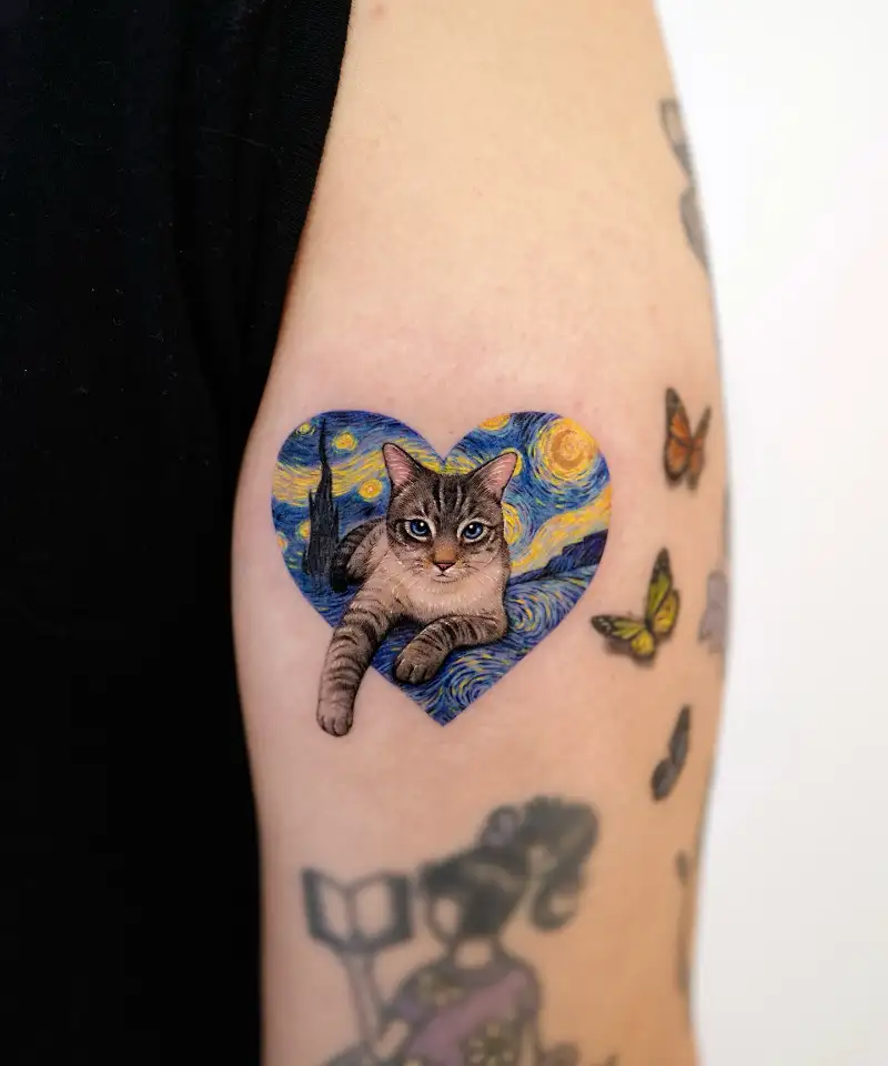 Starry Night Inspired Cat Portrait Tattoo