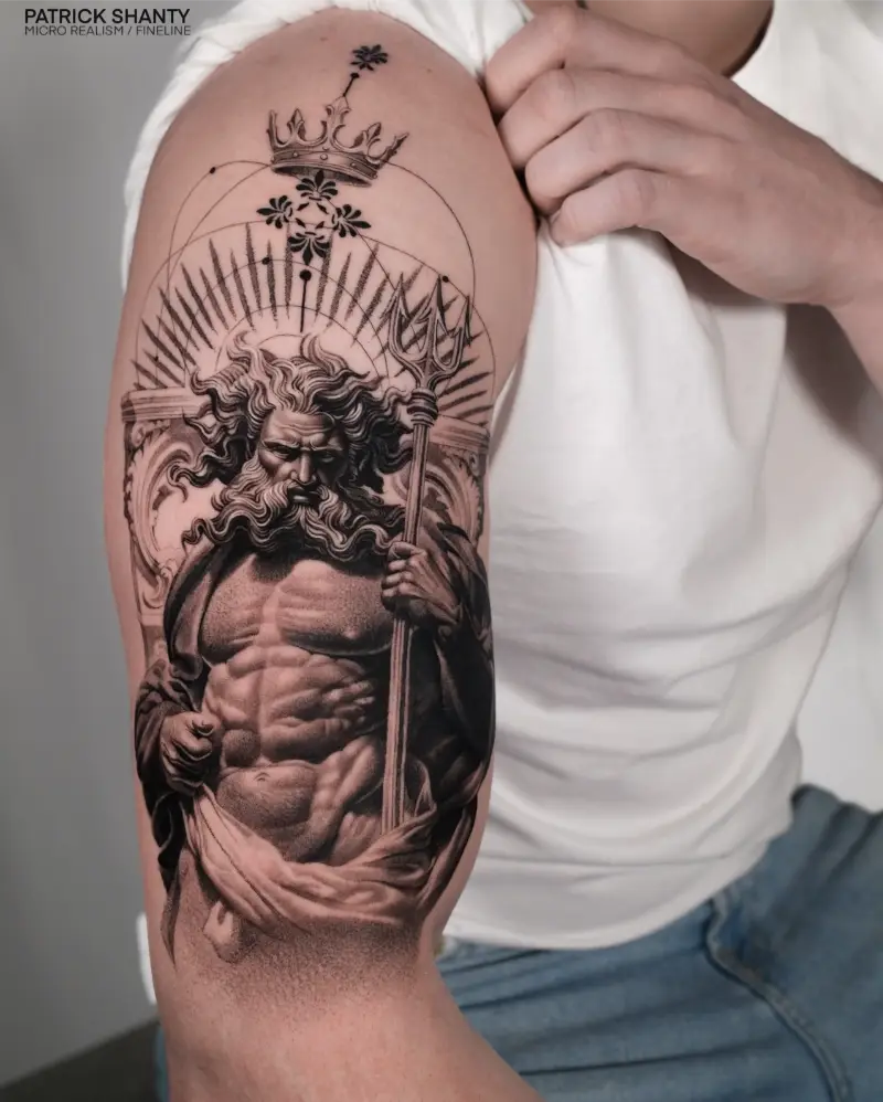 Stunning Black and Grey Poseidon Crown Tattoo