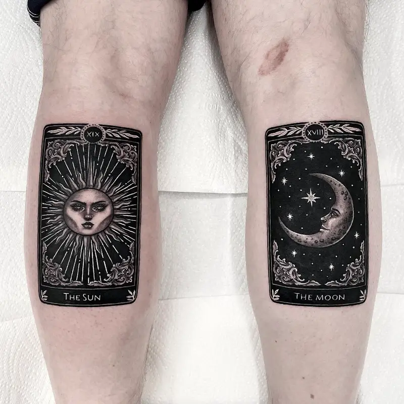 Sun and Moon Matching Tarot Card Tattoo