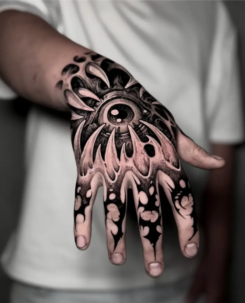 Surreal Eye Blackwork Hand Tattoo
