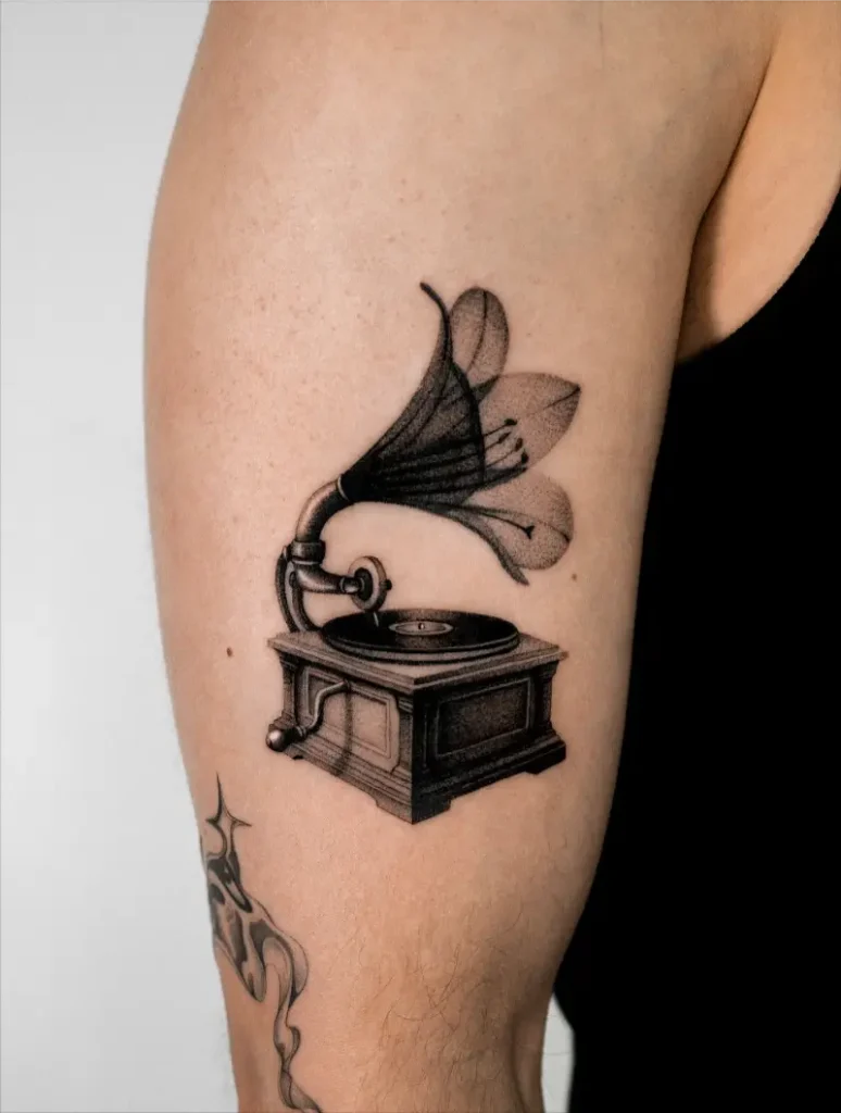 Surreal Gramophone Lily Tattoo