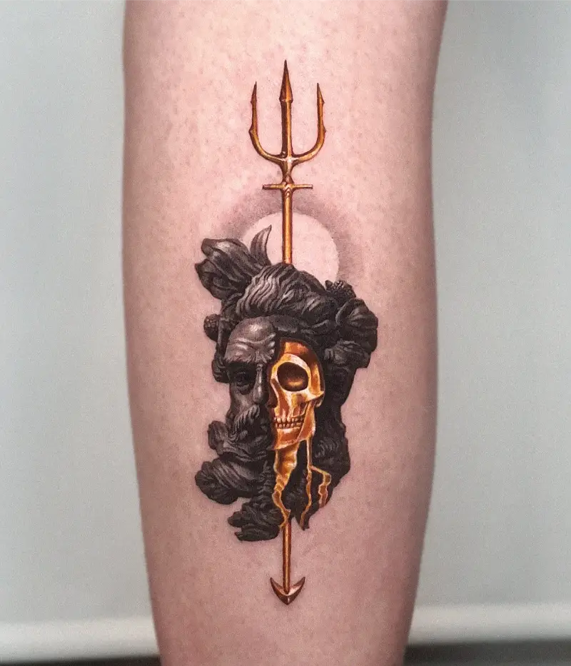 Surreal Poseidon & Golden Skull Tattoo