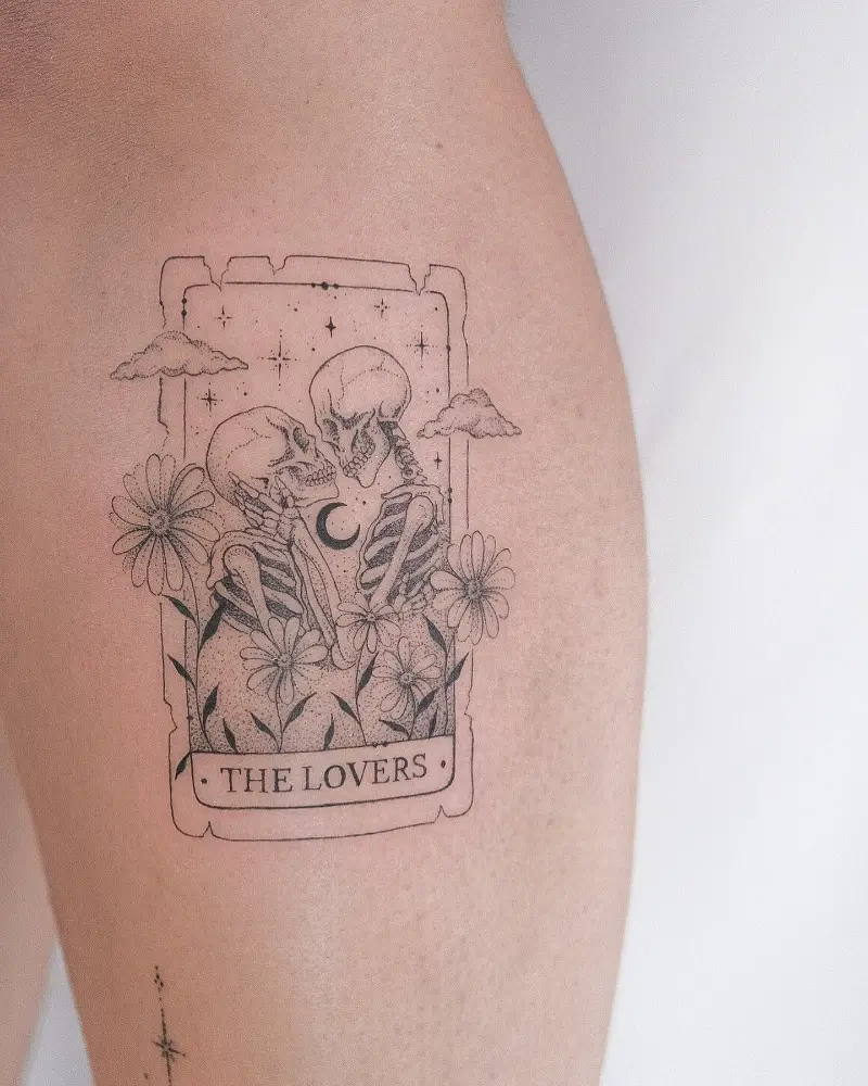 The Lovers Skeleton Fine Line Tarot Card Tattoo