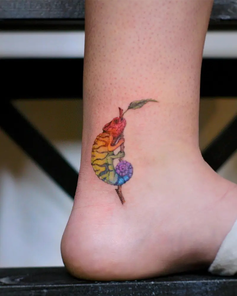 Tiny Rainbow Chameleon Ankle Tattoo