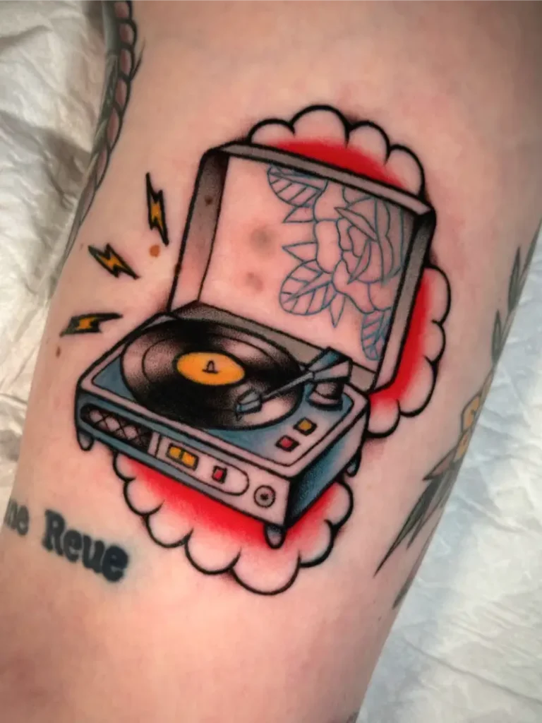 Traditional Floral Record Player Tattoo