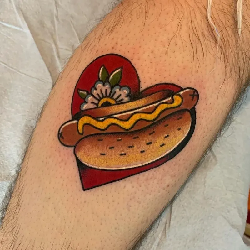Traditional Heart Backdrop Hot Dog Tattoo