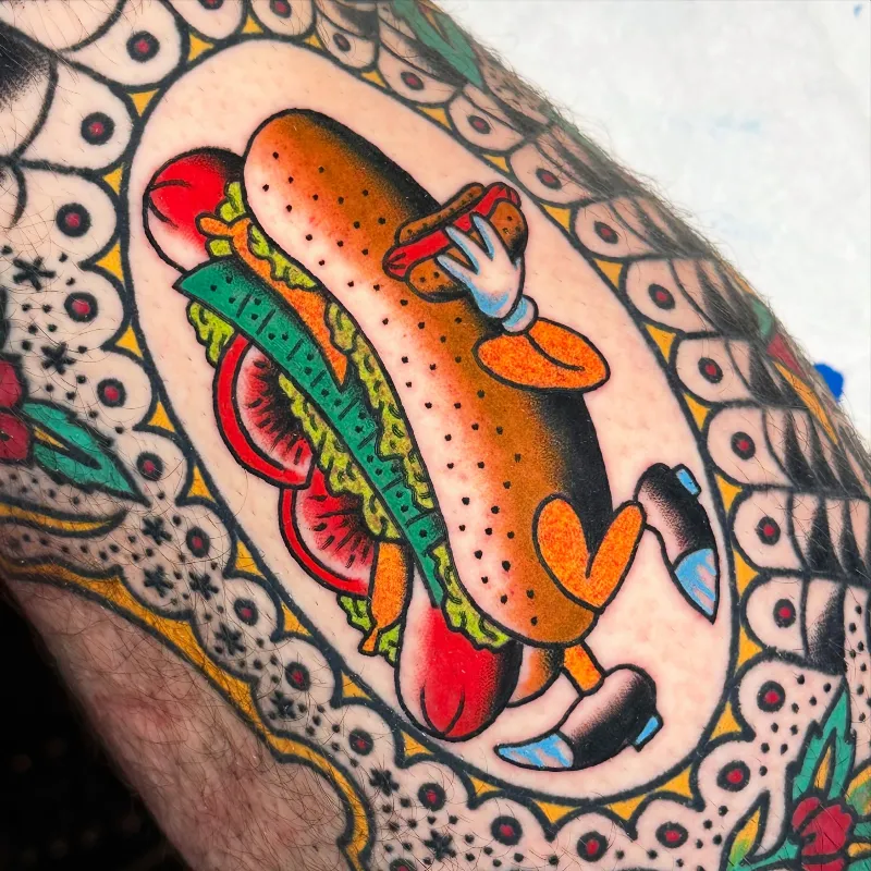 Traditional Running Hot Dog Tattoo