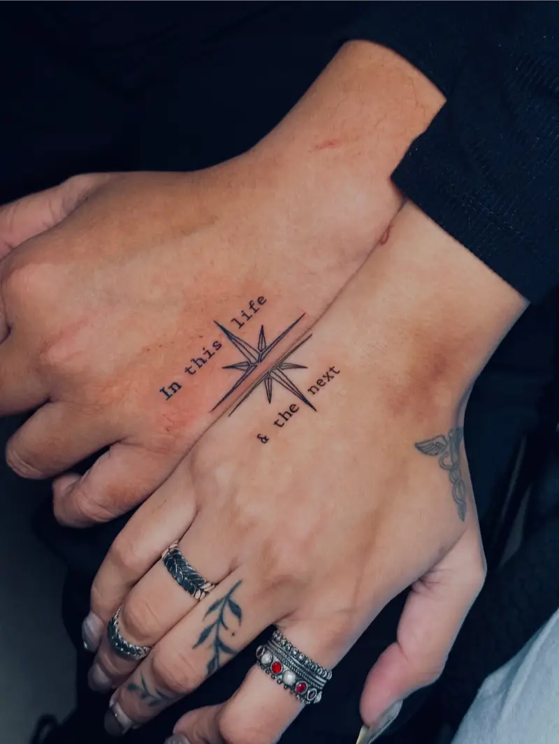 Typography Compass Matching Couple Tattoo