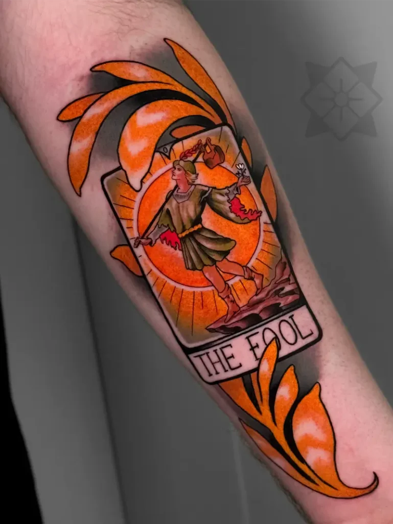 Vibrant Neo-Traditional The Fool Tarot Card Tattoo