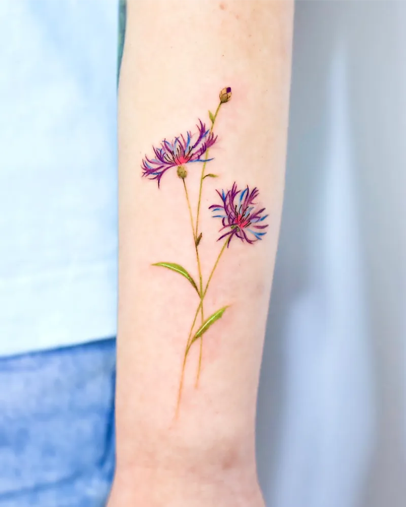 Vibrant Purple Cornflower Bouquet Tattoo