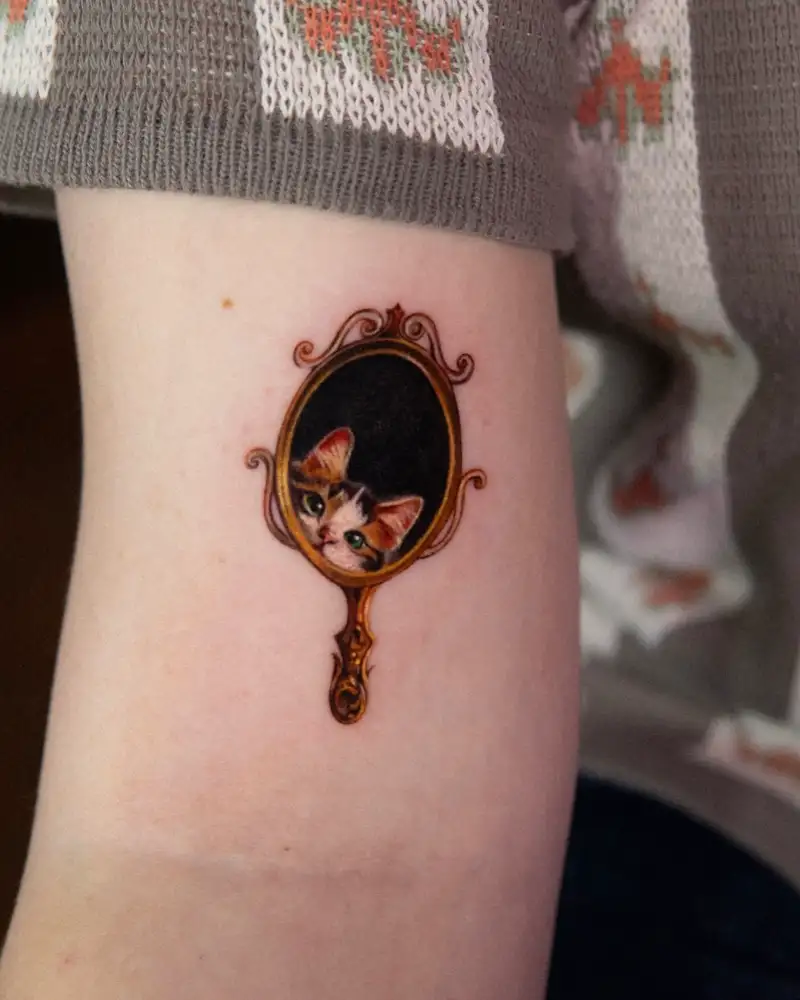 Vintage Mirror Cat Portrait Tattoo