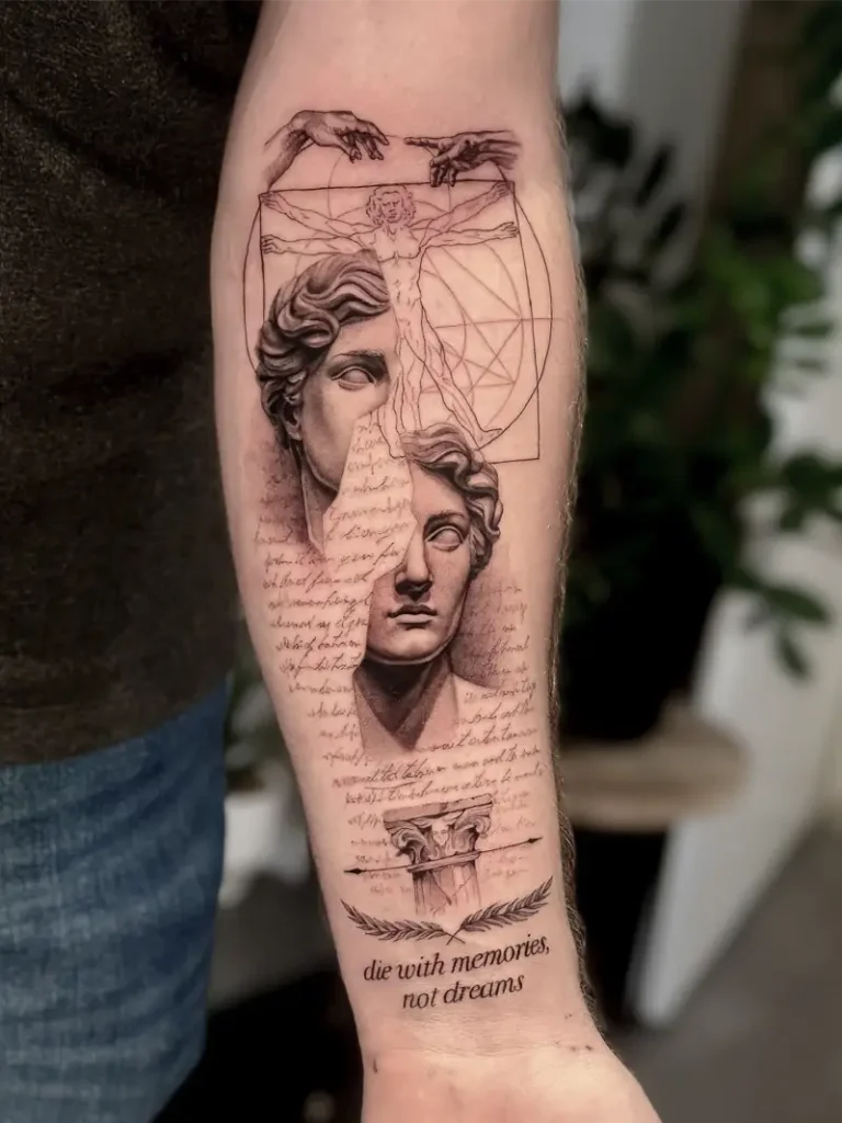 Vitruvian & Greek Statue Forearm Tattoo