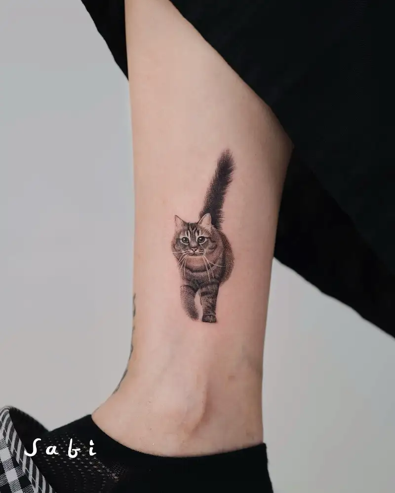 Walking Cat Micro Realism Tattoo