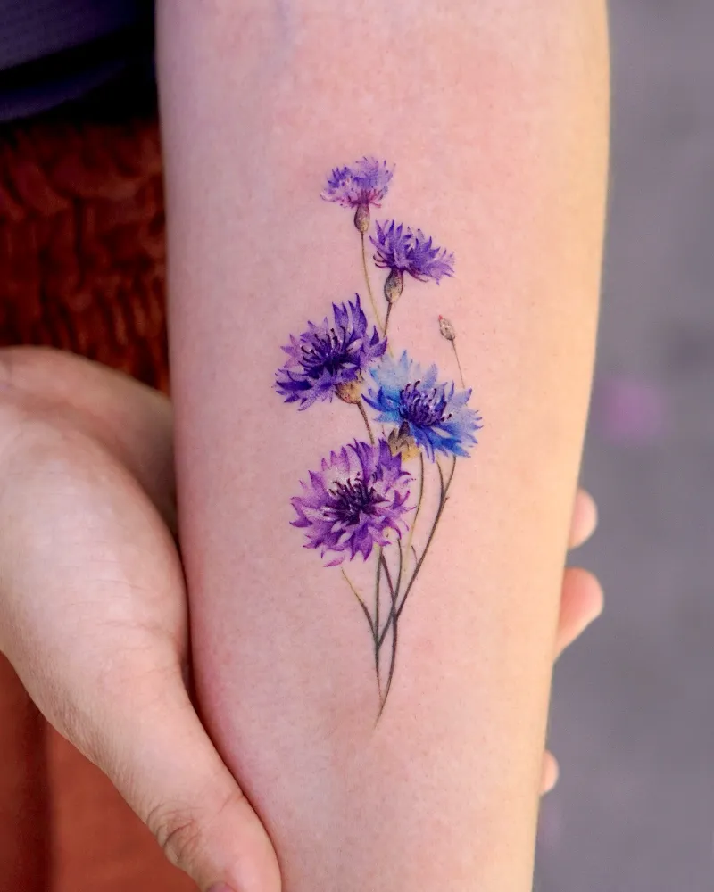 Watercolor Cornflower Bouquet Tattoo