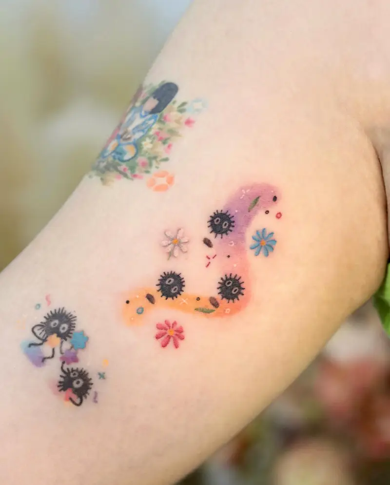 Watercolor Floral Soot Sprite Tattoo