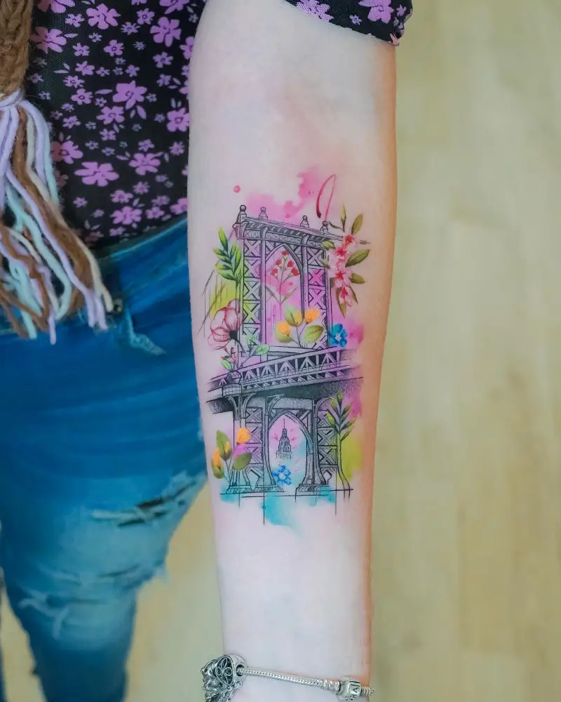 Watercolor New York Bridge Tattoo