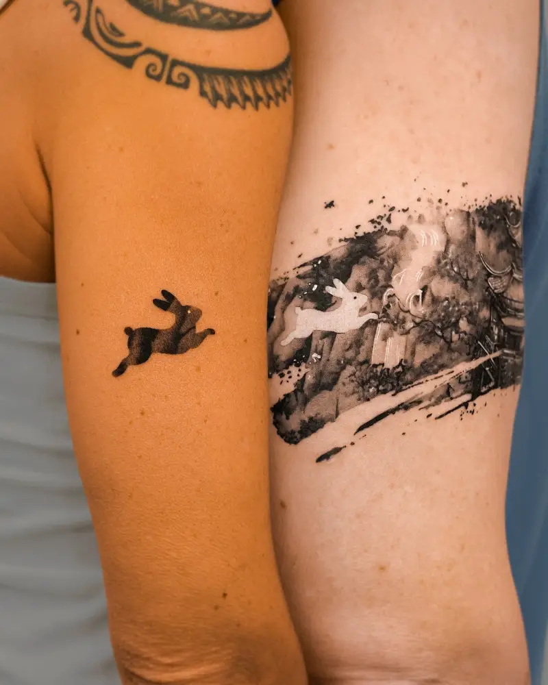 Watercolor Rabbit Scene Matching Tattoo