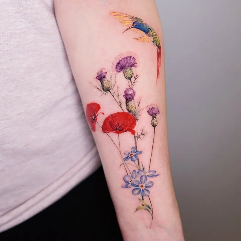 Watercolor Thistle Bouquet & Hummingbird Tattoo