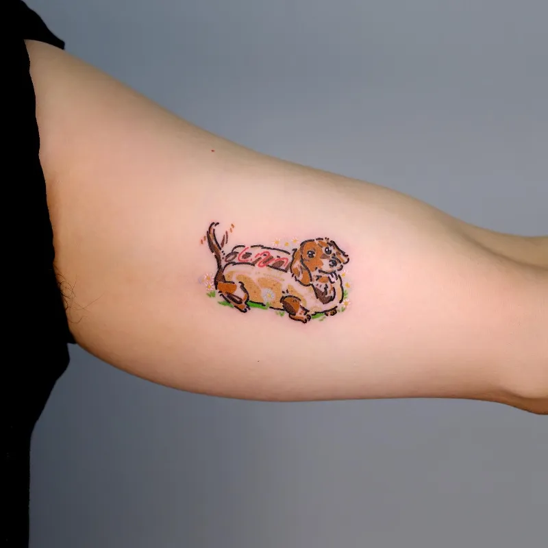 Whimsical Dachshund Hot Dog Tattoo