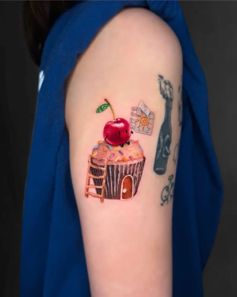 Whimsical Kawaii Cupcake House Tattoo