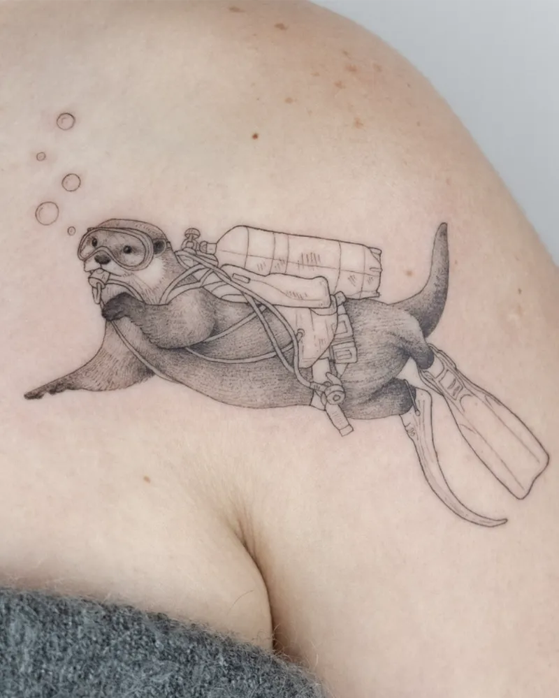Whimsical Scuba Diver Otter Tattoo