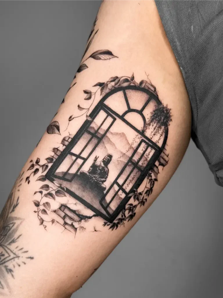 Window Frame Buddha Landscape Tattoo