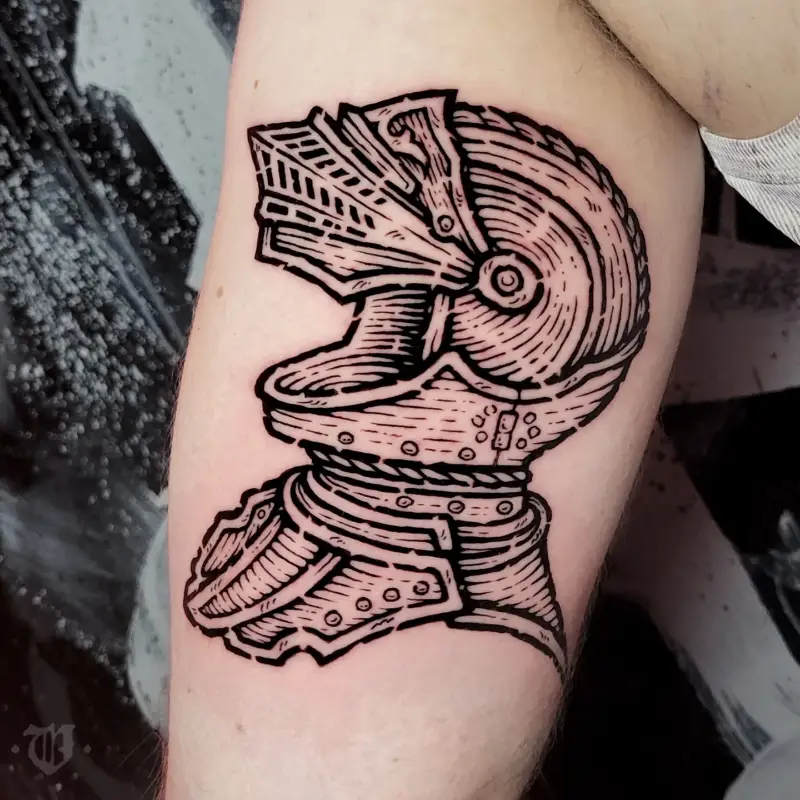 Woodcut Medieval Frog-Mouth Helmet Tattoo