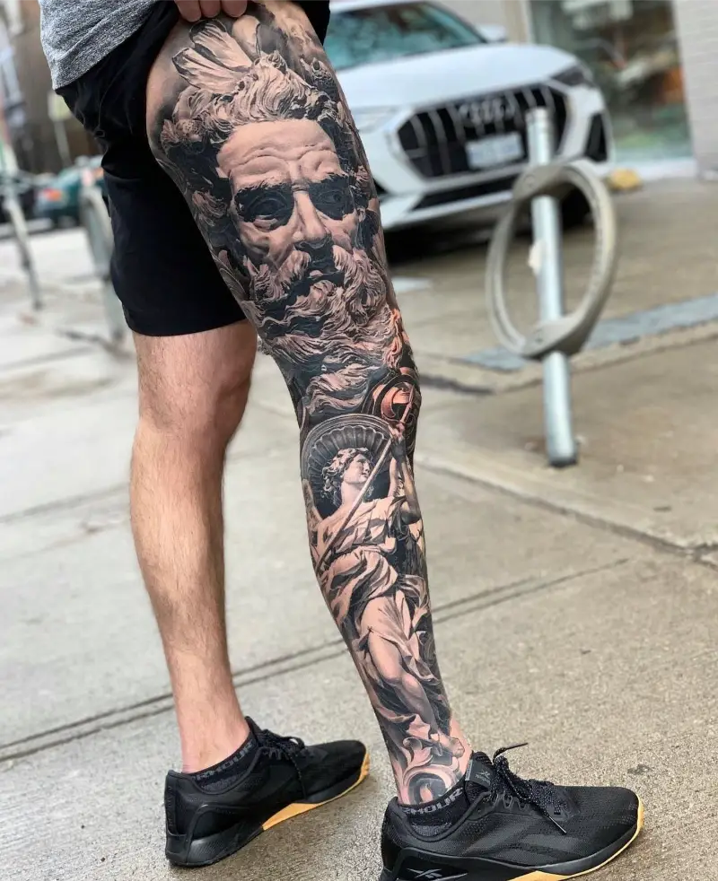 Zeus Statue Leg Sleeve Tattoo