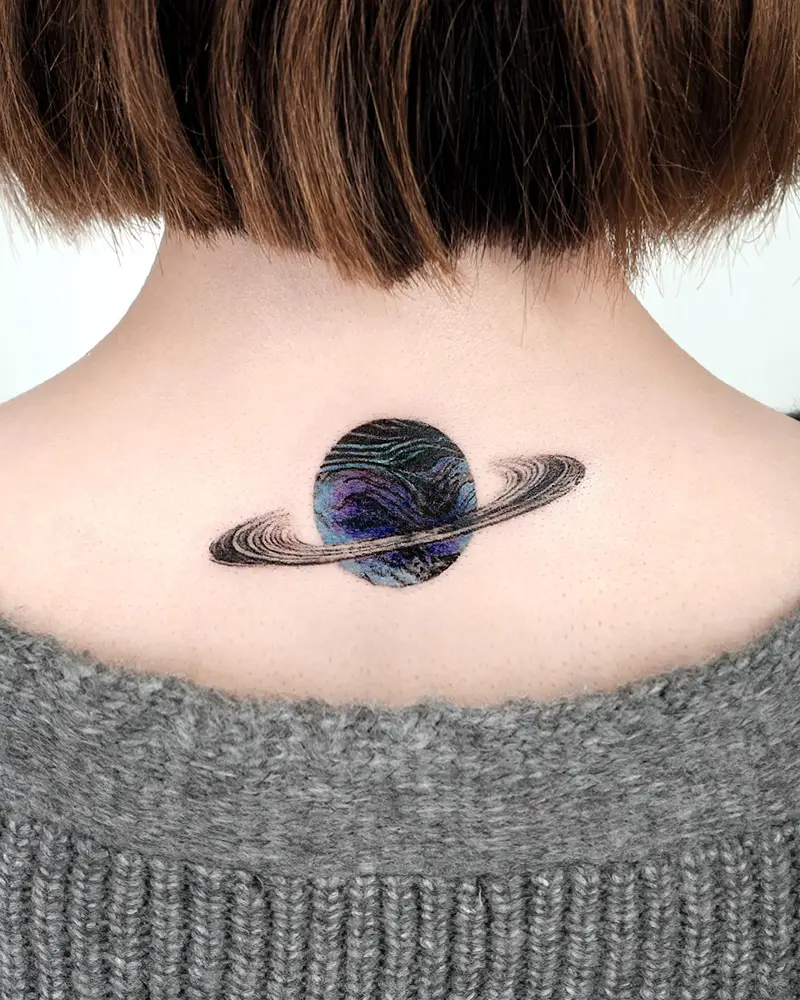 Abstract Color Saturn Neck Tattoo