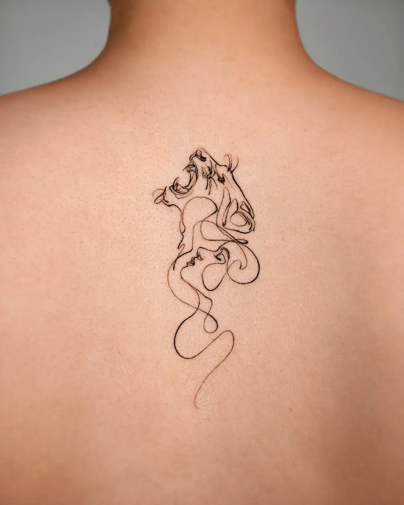 Abstract Line Art Lion & Woman Face Tattoo