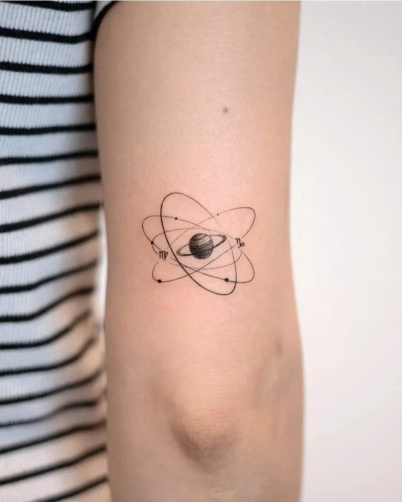 Atomic Structured Saturn Tattoo with Zodiac Glyphs