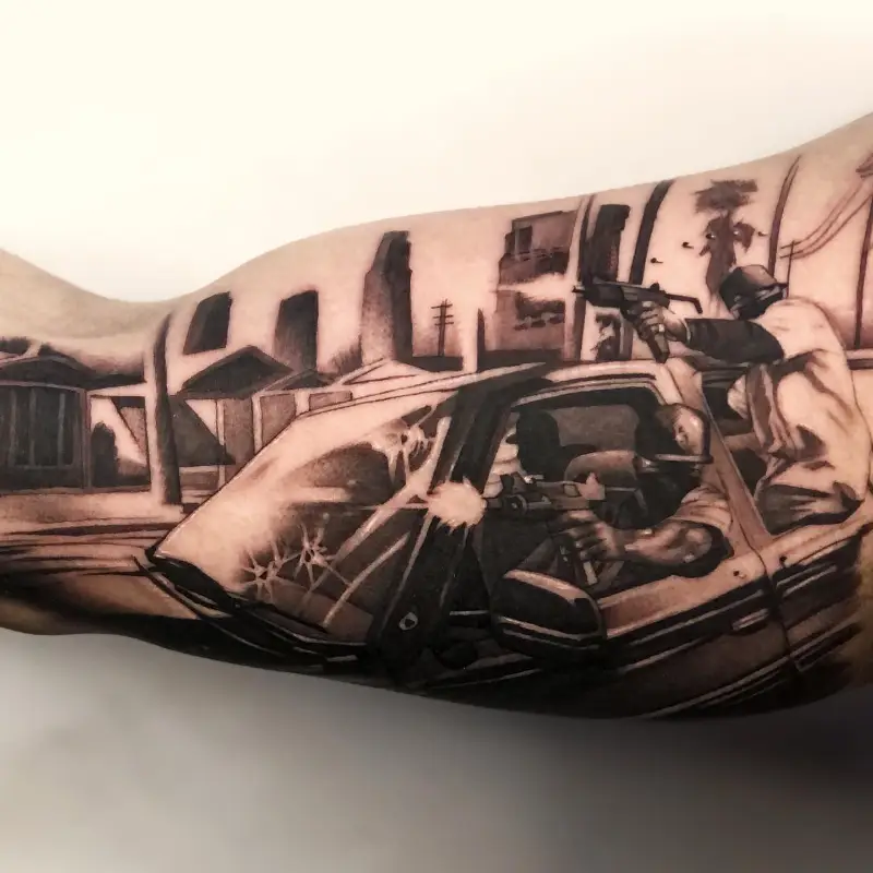 Black and Grey Action Scene GTA Tattoo