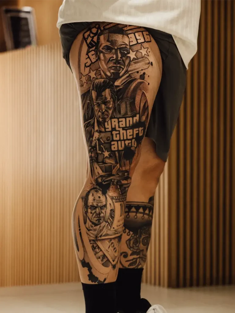 Black and Grey GTA Character Collage Sleeve Tattoo