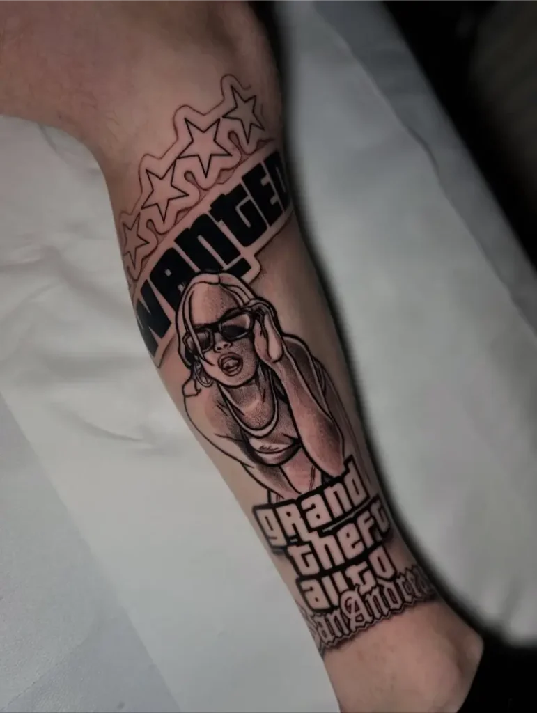 Black and Grey GTA Pin-Up Tribute Tattoo