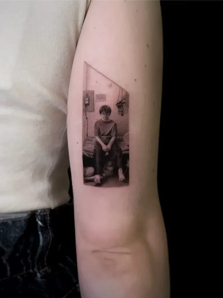 Black and Grey Harry Potter Cupboard Portrait Tattoo