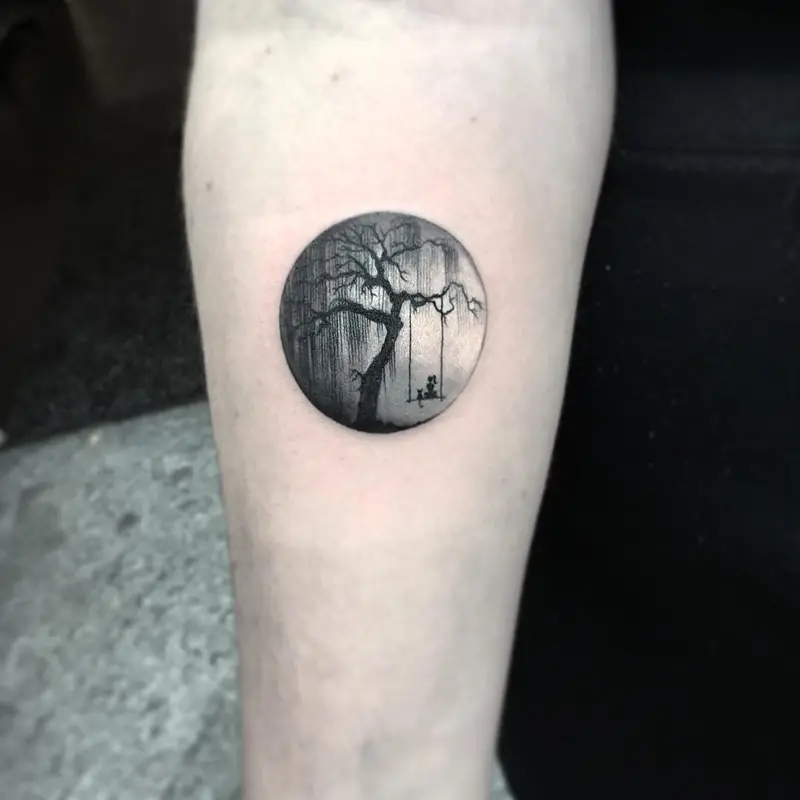 Black and Grey Tree Silhouette Circle Tattoo