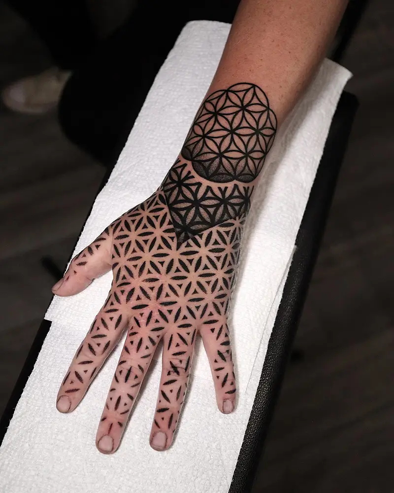 Blackwork Flower of Life Hand Tattoo