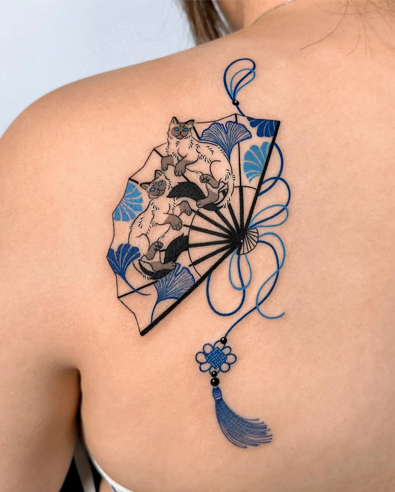 Blue Fine Line Cat Fan Tattoo