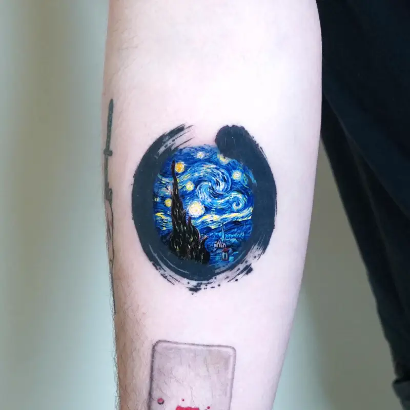 Bold Brushstroke The Starry Night Circle Tattoo