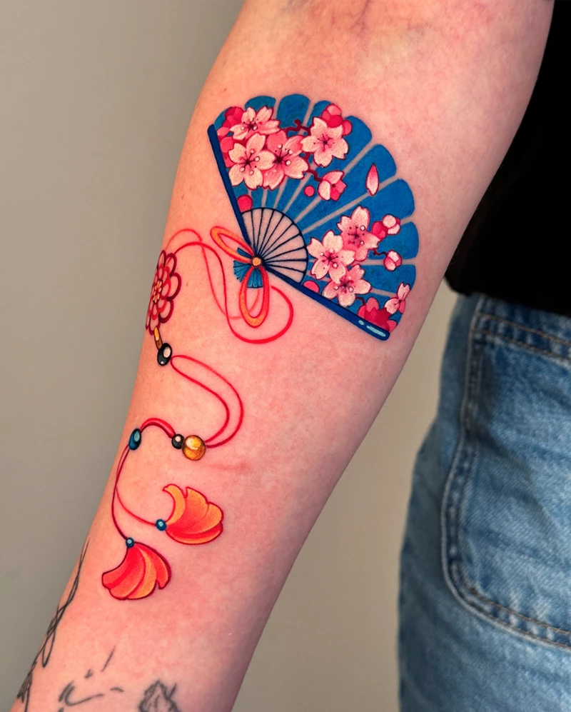 Bold Color Sakura Fan Tattoo