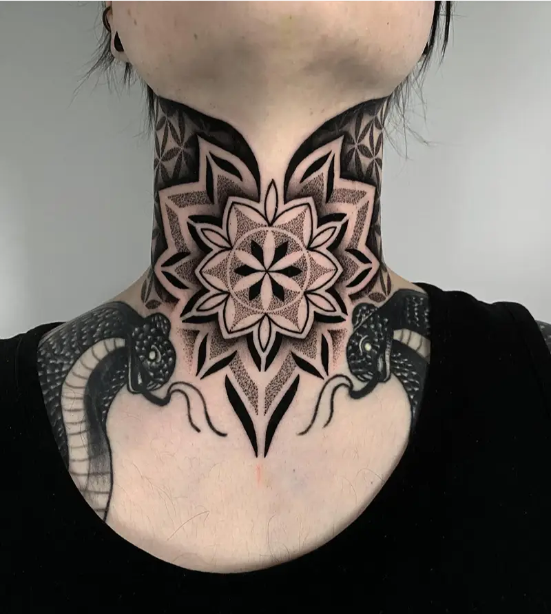 Bold Ornamental Flower of Life Neck Tattoo