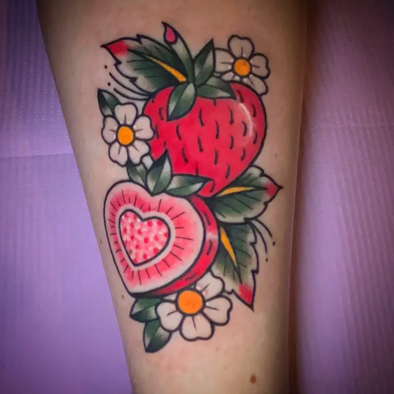 Bold Traditional Heart Strawberry Tattoo