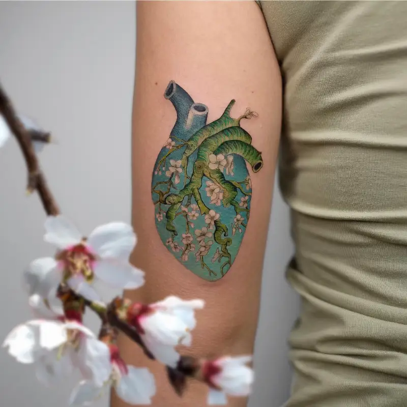Botanical Anatomical Almond Blossom Heart Tattoo